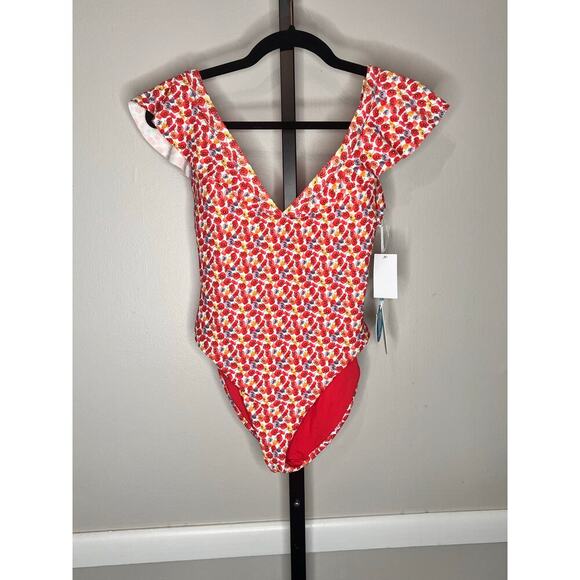 WET Bexy Red Poppy Floral Print Ruffled One Piece Beach Swimsuit Size Small NWT - Picture 3 of 6